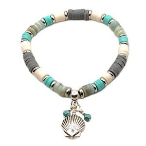 Polymer Clay Heishi and Natural Shell Stretch Bracelet - Coastal Vibes- Handmade